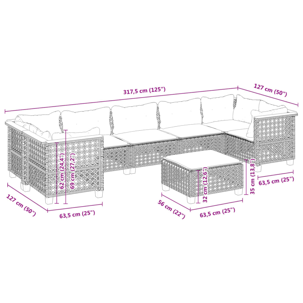 8-delige Loungeset met kussens poly rattan zwart