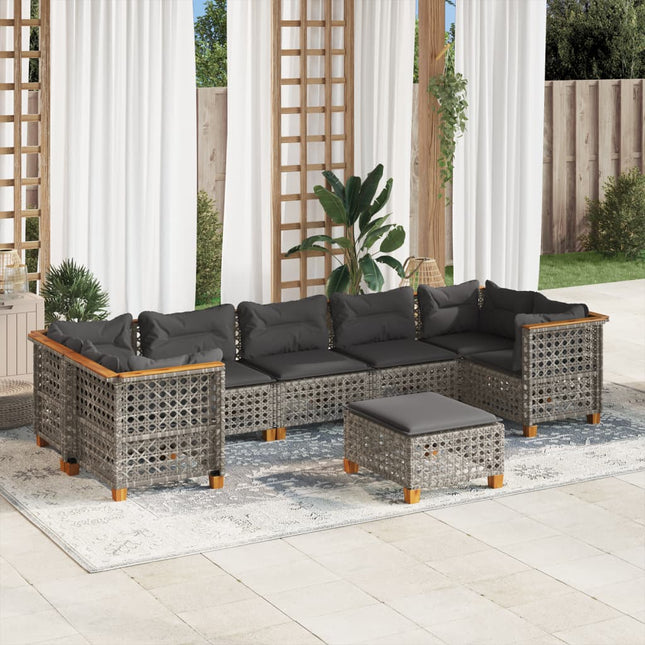 8-delige Loungeset met kussens poly rattan grijs