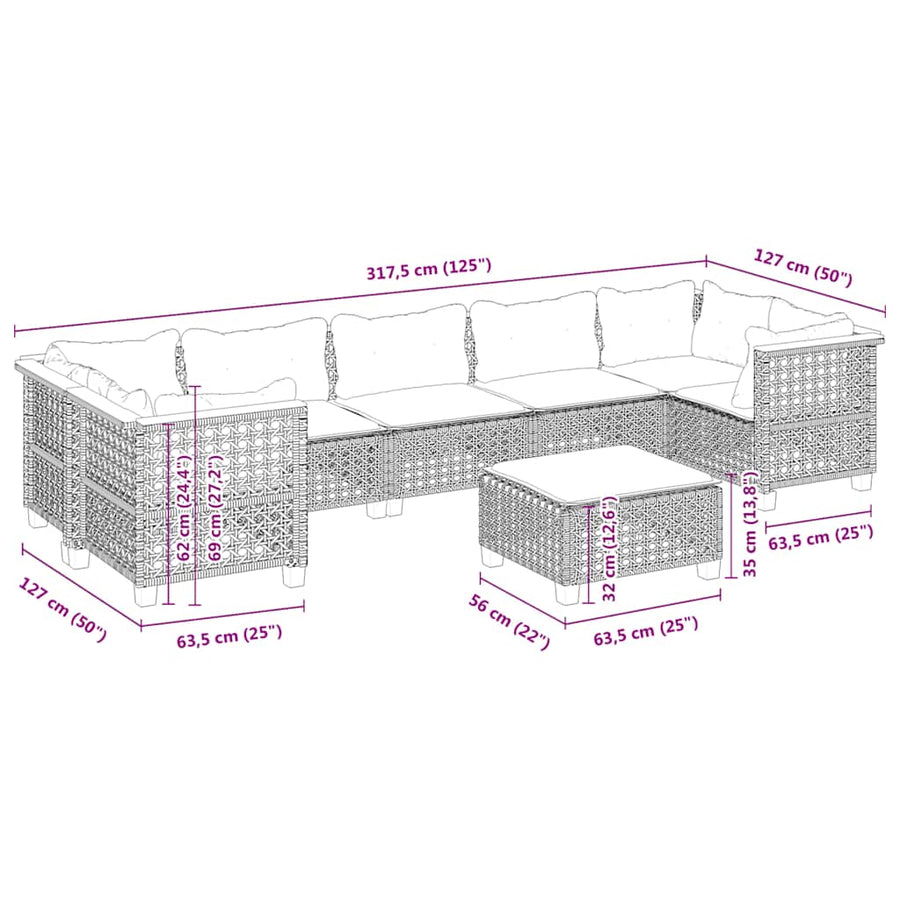 8-Delige Loungeset Met Kussens Poly Rattan Beige Lijngeweven