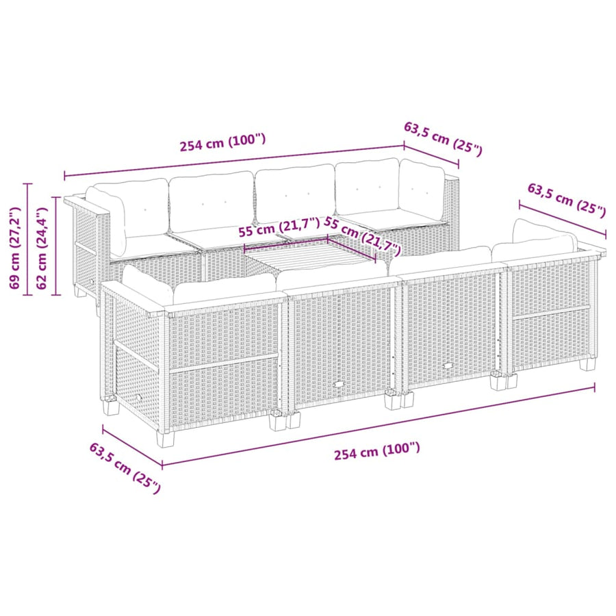 9-delige Loungeset met kussens poly rattan zwart