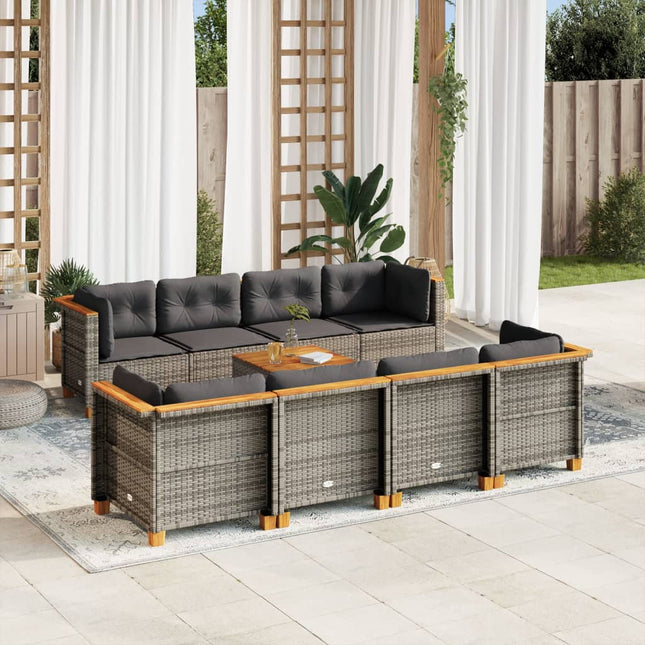 9-delige Loungeset met kussens poly rattan grijs