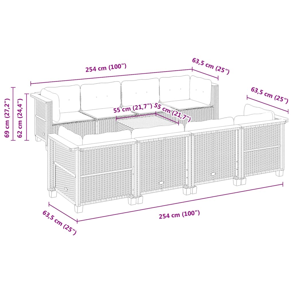 9-delige Loungeset met kussens poly rattan beige