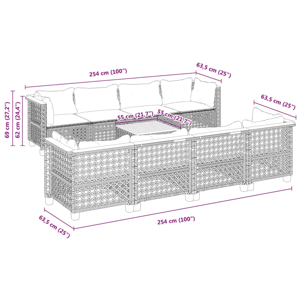 9-delige Loungeset met kussens poly rattan zwart