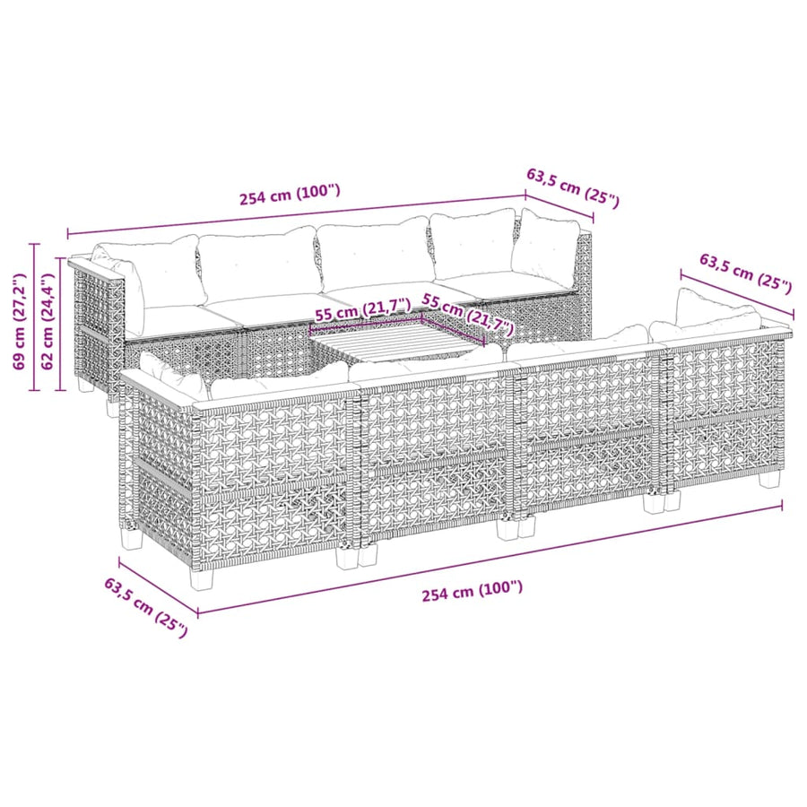 9-delige Loungeset met kussens poly rattan zwart