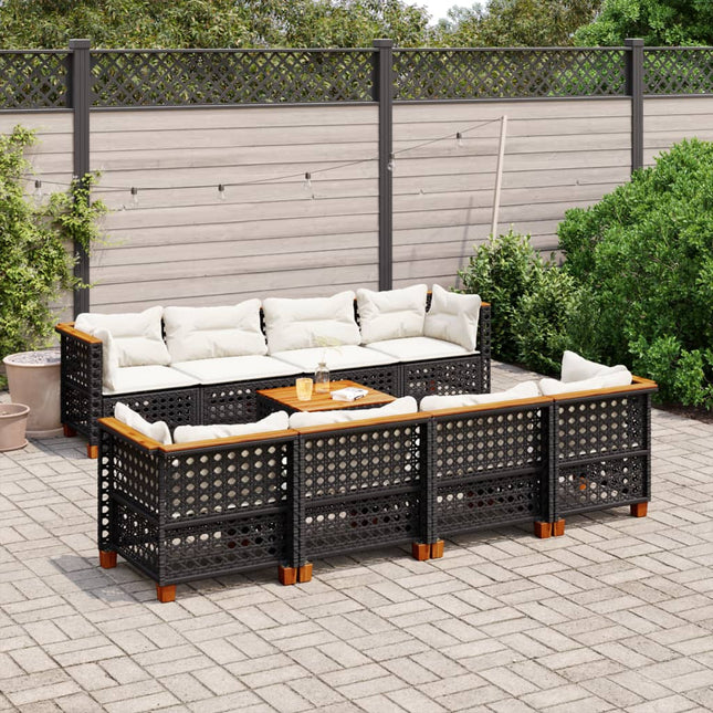 9-delige Loungeset met kussens poly rattan zwart