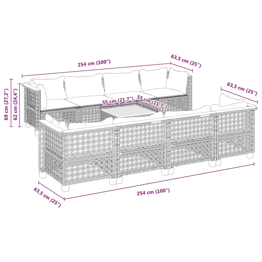 9-Delige Loungeset Met Kussens Poly Rattan Beige Lijngeweven