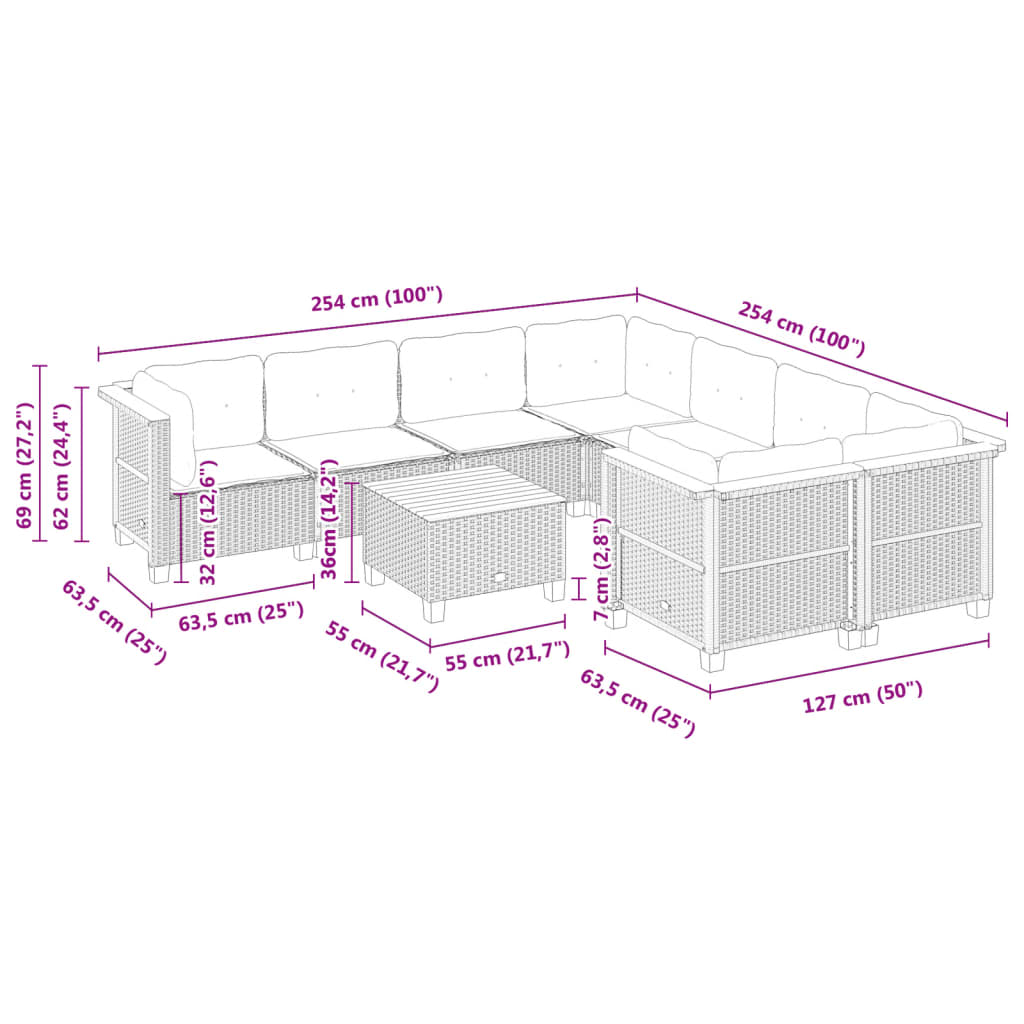 9-delige Loungeset met kussens poly rattan zwart