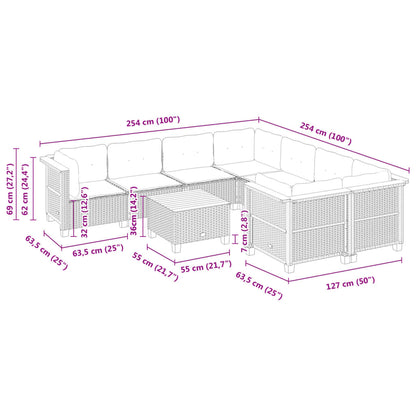 9-delige Loungeset met kussens poly rattan zwart
