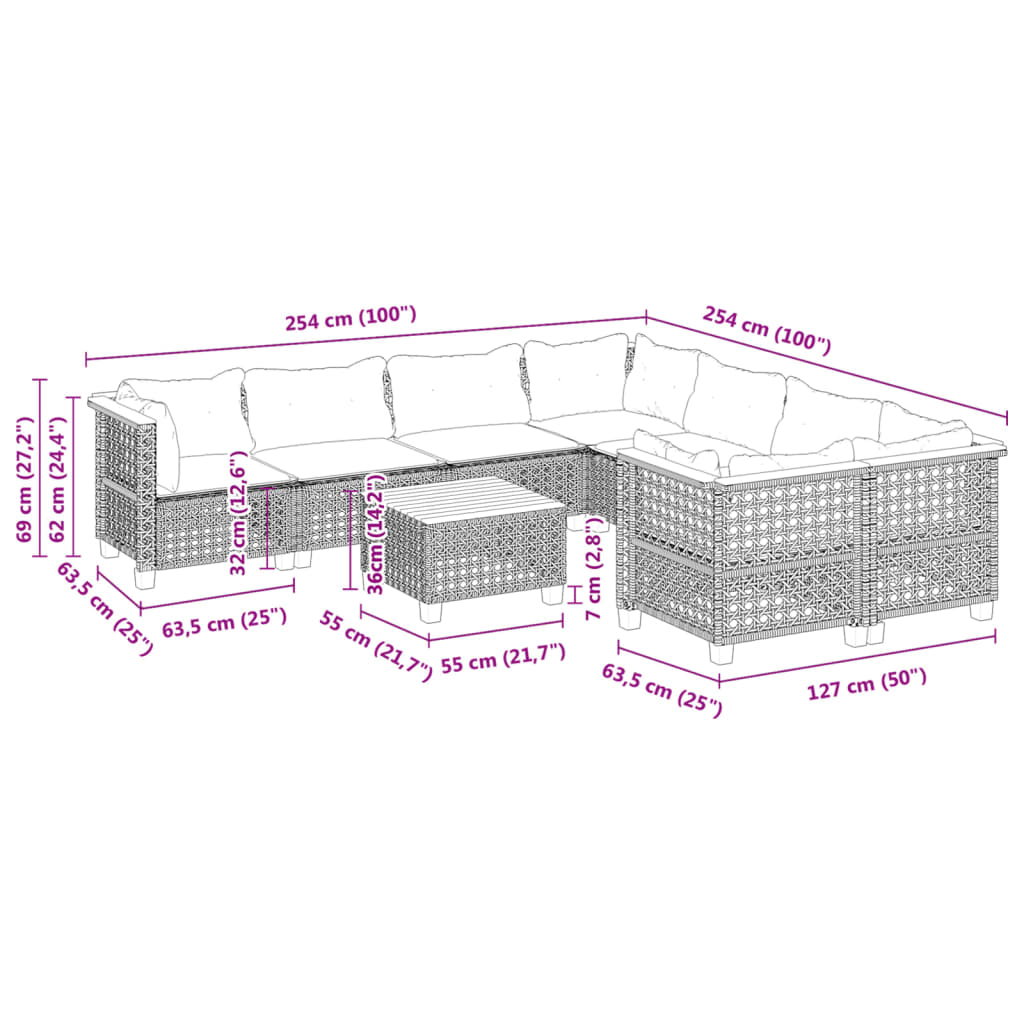 9-delige Loungeset met kussens poly rattan grijs