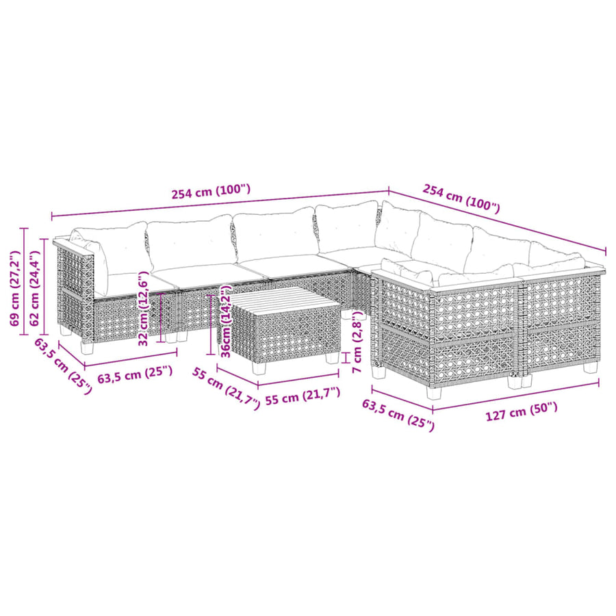 9-delige Loungeset met kussens poly rattan grijs