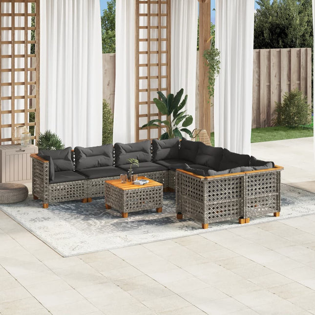 9-delige Loungeset met kussens poly rattan grijs