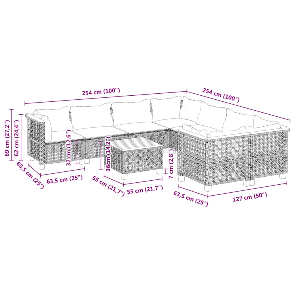 9-Delige Loungeset Met Kussens Poly Rattan Beige Lijngeweven