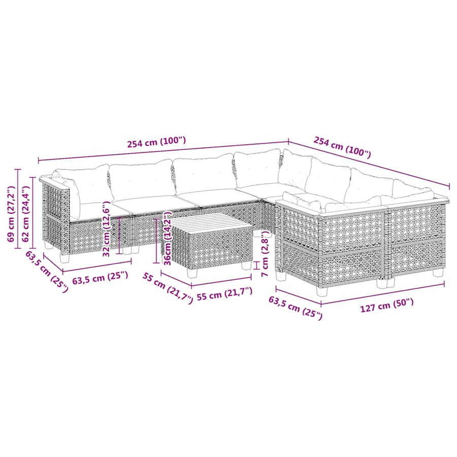 9-Delige Loungeset Met Kussens Poly Rattan Beige Lijngeweven