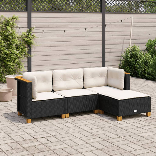 4-delige Loungeset met kussens poly rattan zwart