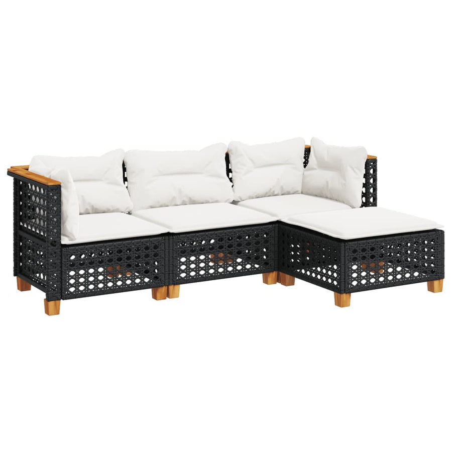 4-delige Loungeset met kussens poly rattan zwart