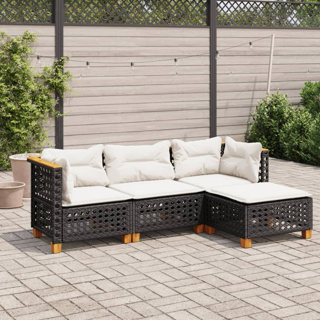 4-delige Loungeset met kussens poly rattan zwart