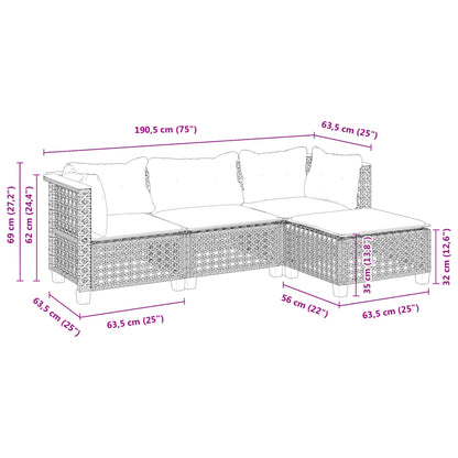 4-delige Loungeset met kussens poly rattan grijs