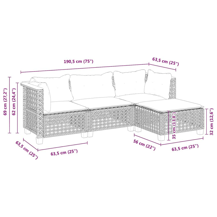 4-Delige Loungeset Met Kussens Poly Rattan Beige Lijngeweven