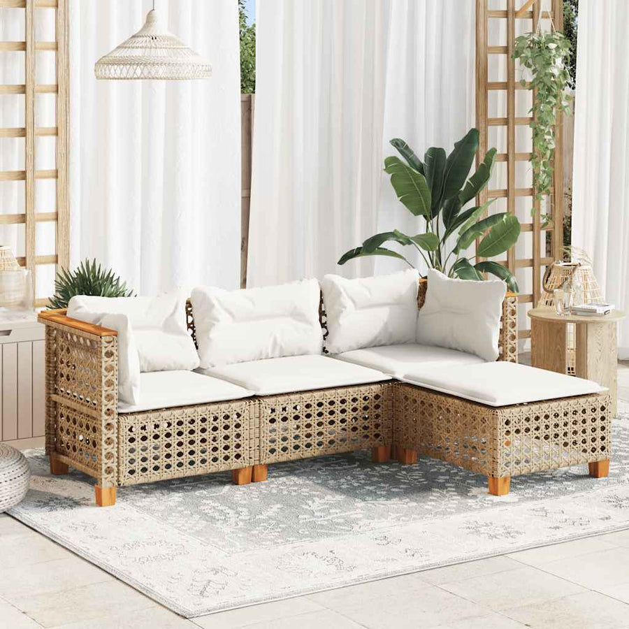 4-Delige Loungeset Met Kussens Poly Rattan Beige Lijngeweven