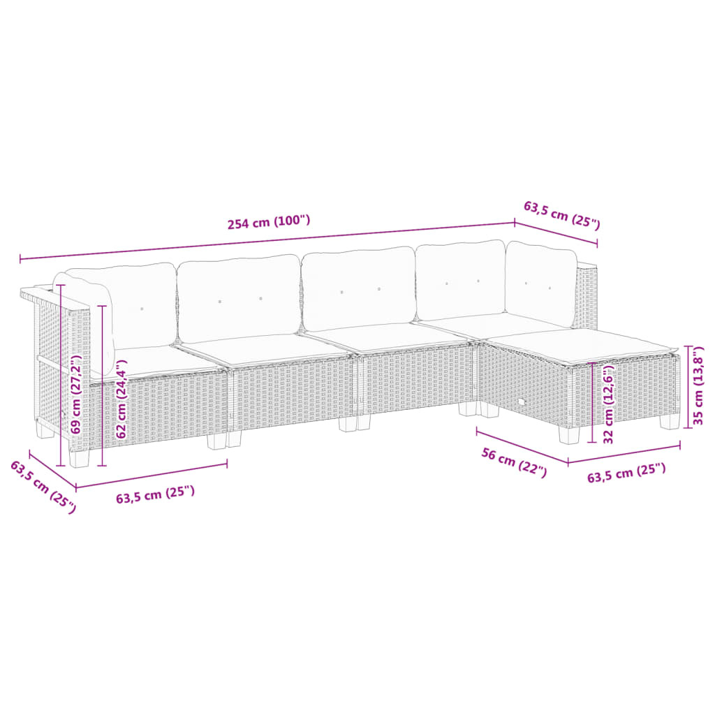 5-delige Loungeset met kussens poly rattan zwart