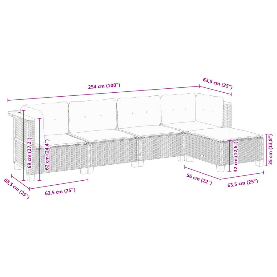 5-delige Loungeset met kussens poly rattan zwart