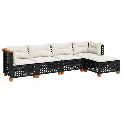 5-delige Loungeset met kussens poly rattan zwart