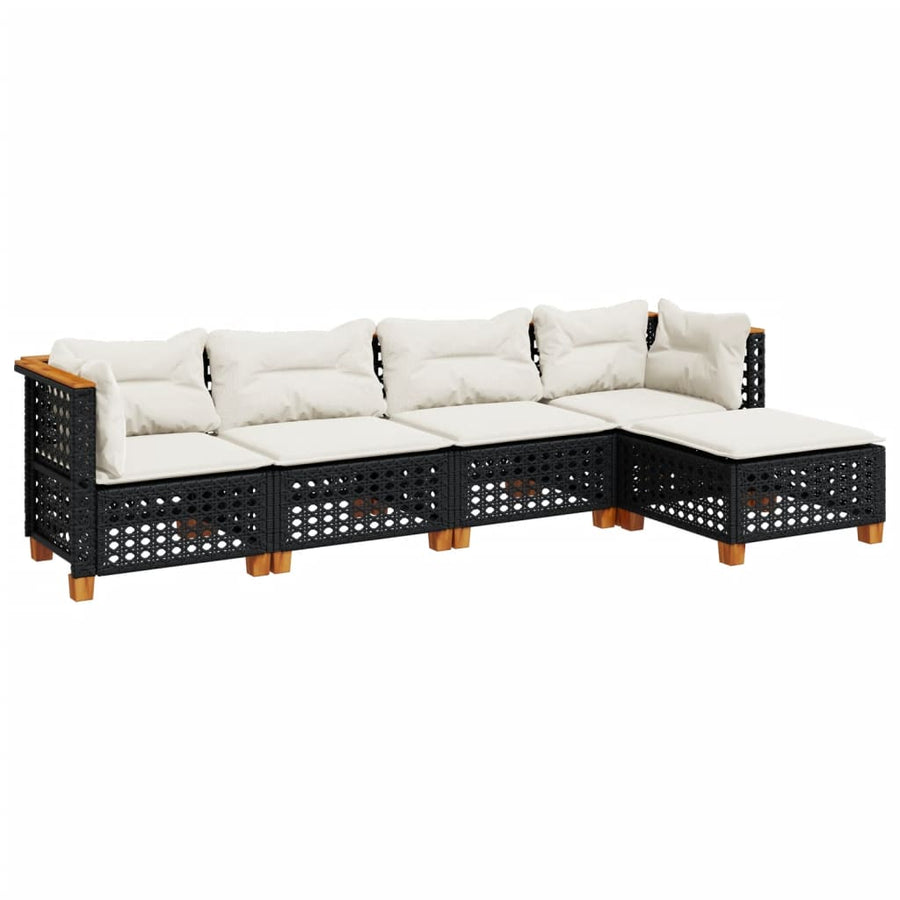 5-delige Loungeset met kussens poly rattan zwart