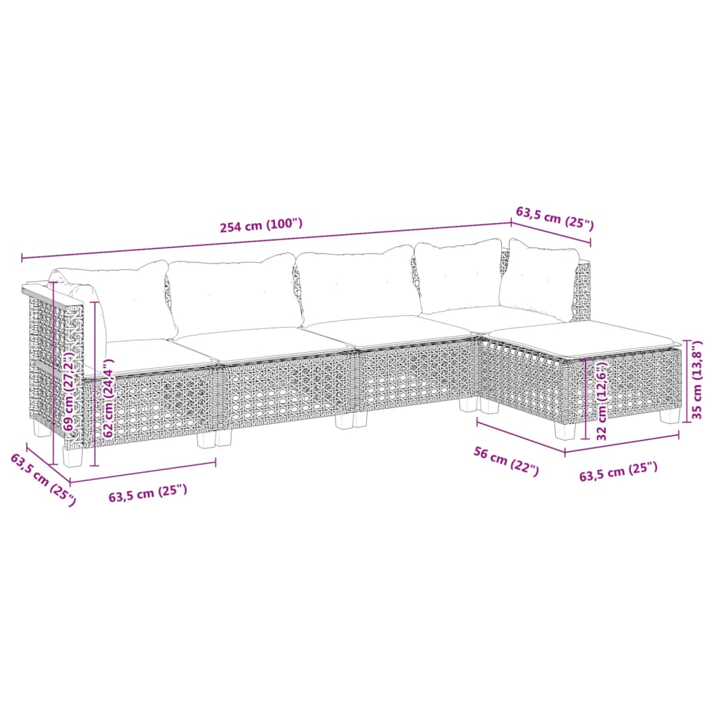 5-delige Loungeset met kussens poly rattan zwart