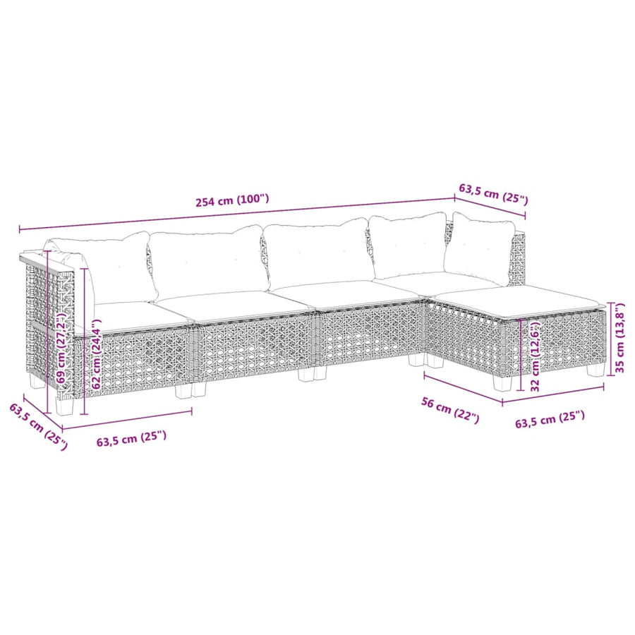 5-delige Loungeset met kussens poly rattan zwart