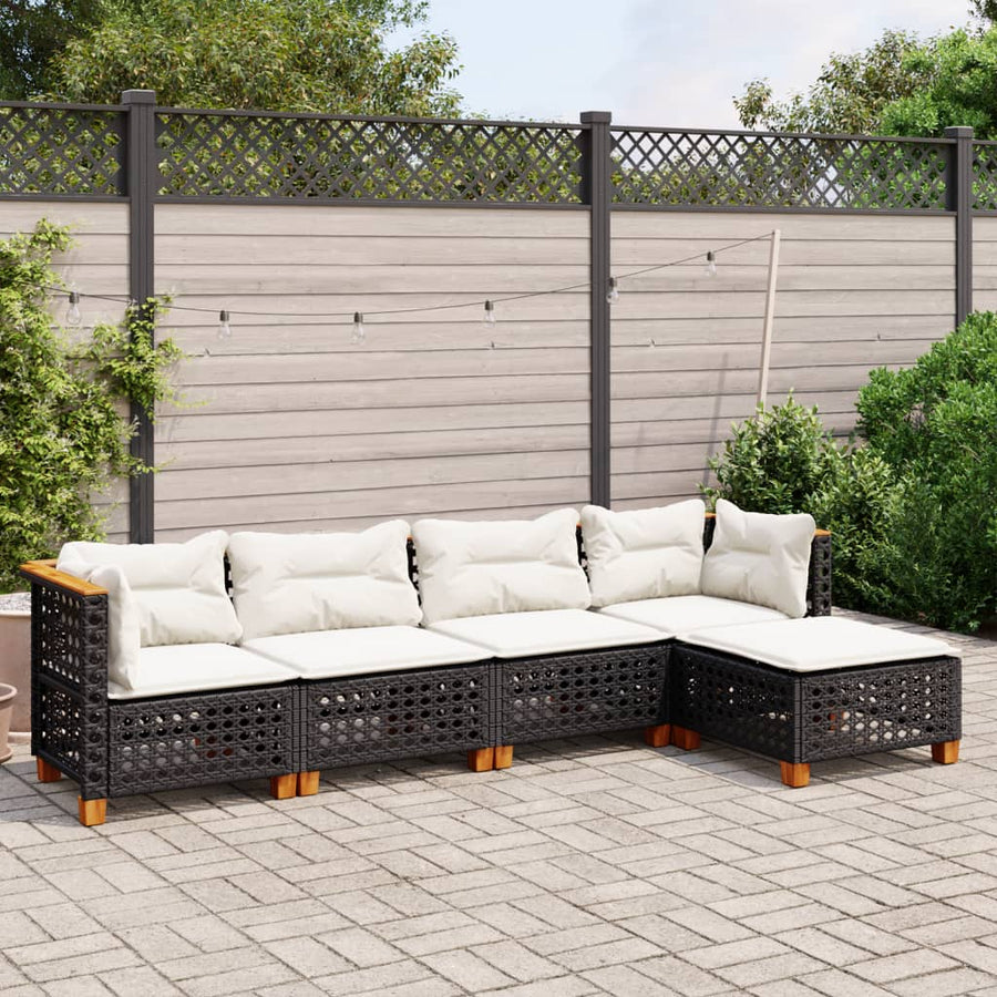 5-delige Loungeset met kussens poly rattan zwart