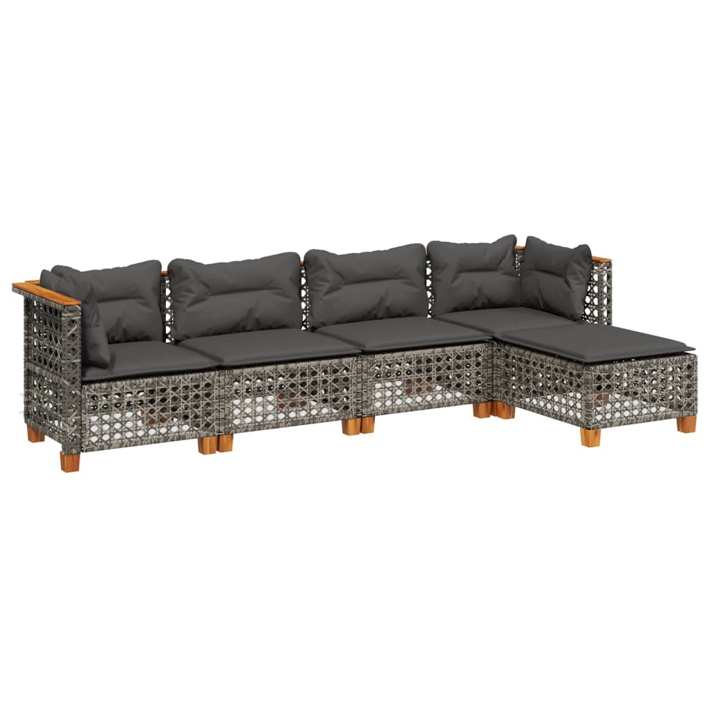 5-delige Loungeset met kussens poly rattan grijs