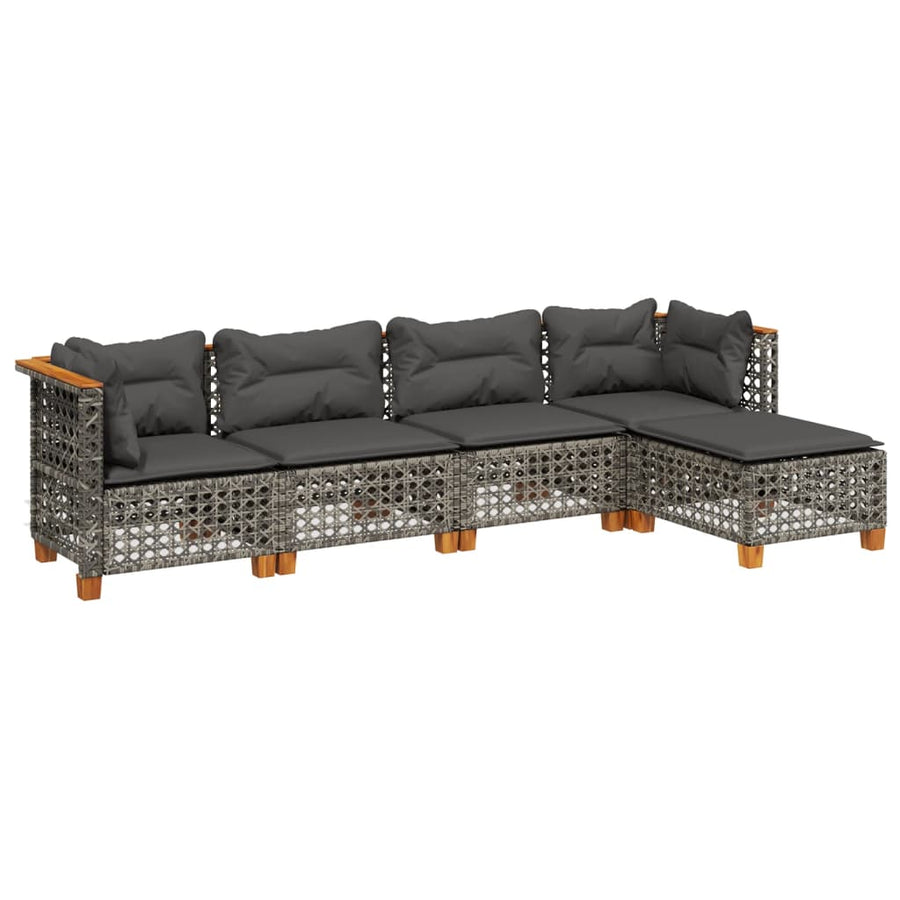 5-delige Loungeset met kussens poly rattan grijs