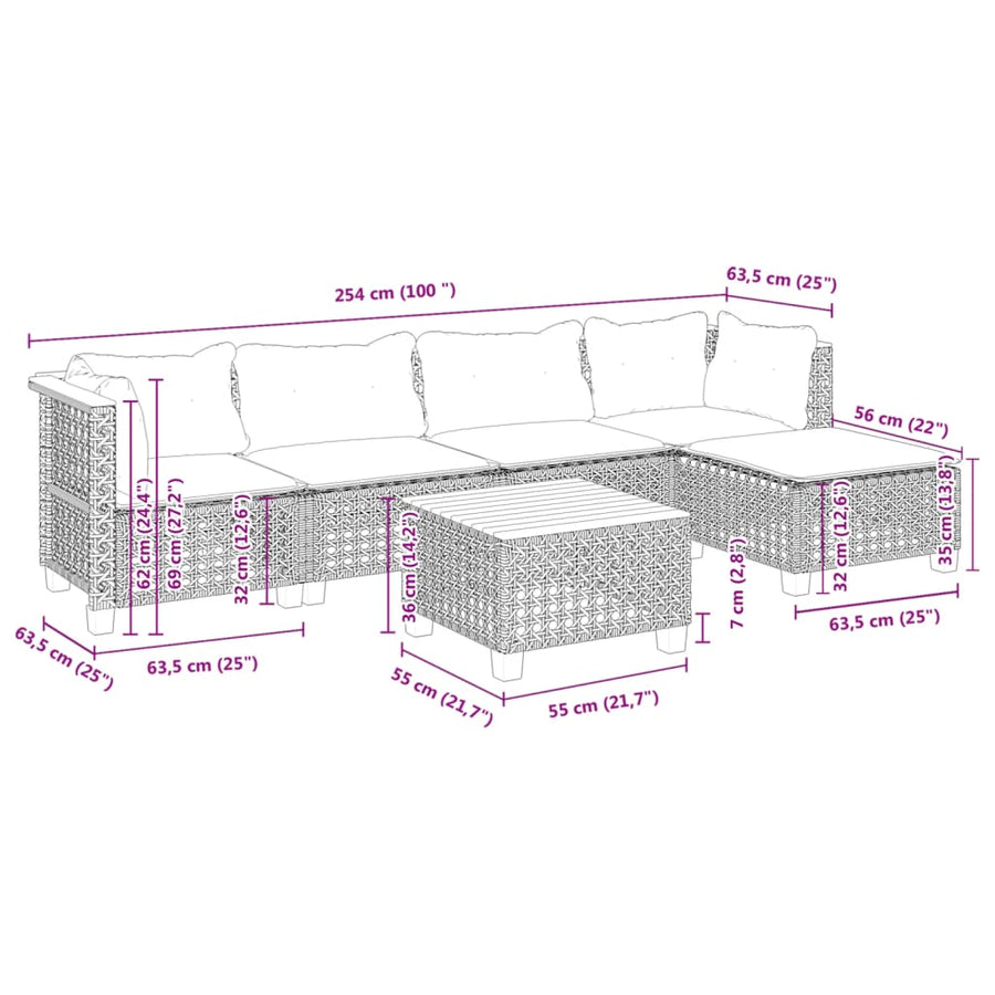 6-delige Loungeset met kussens poly rattan zwart