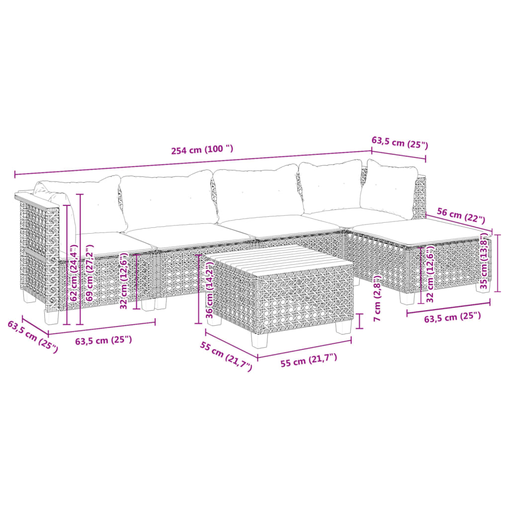 6-delige Loungeset met kussens poly rattan grijs