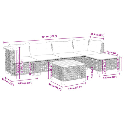 6-delige Loungeset met kussens poly rattan grijs