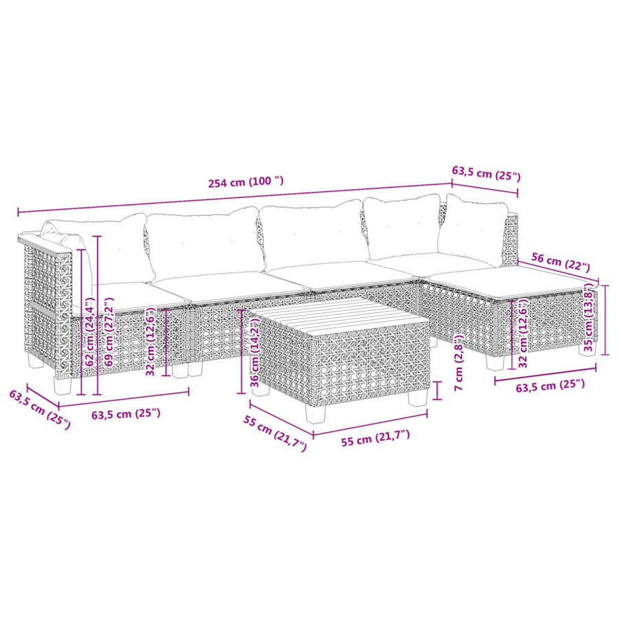 6-delige Loungeset met kussens poly rattan grijs