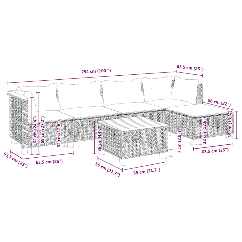 6-Delige Loungeset Met Kussens Poly Rattan Beige 1 gat weven