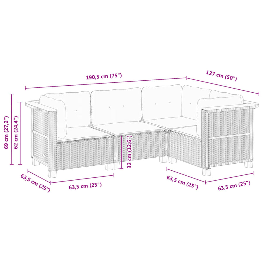 4-delige Loungeset met kussens poly rattan zwart