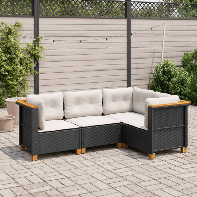 4-delige Loungeset met kussens poly rattan zwart