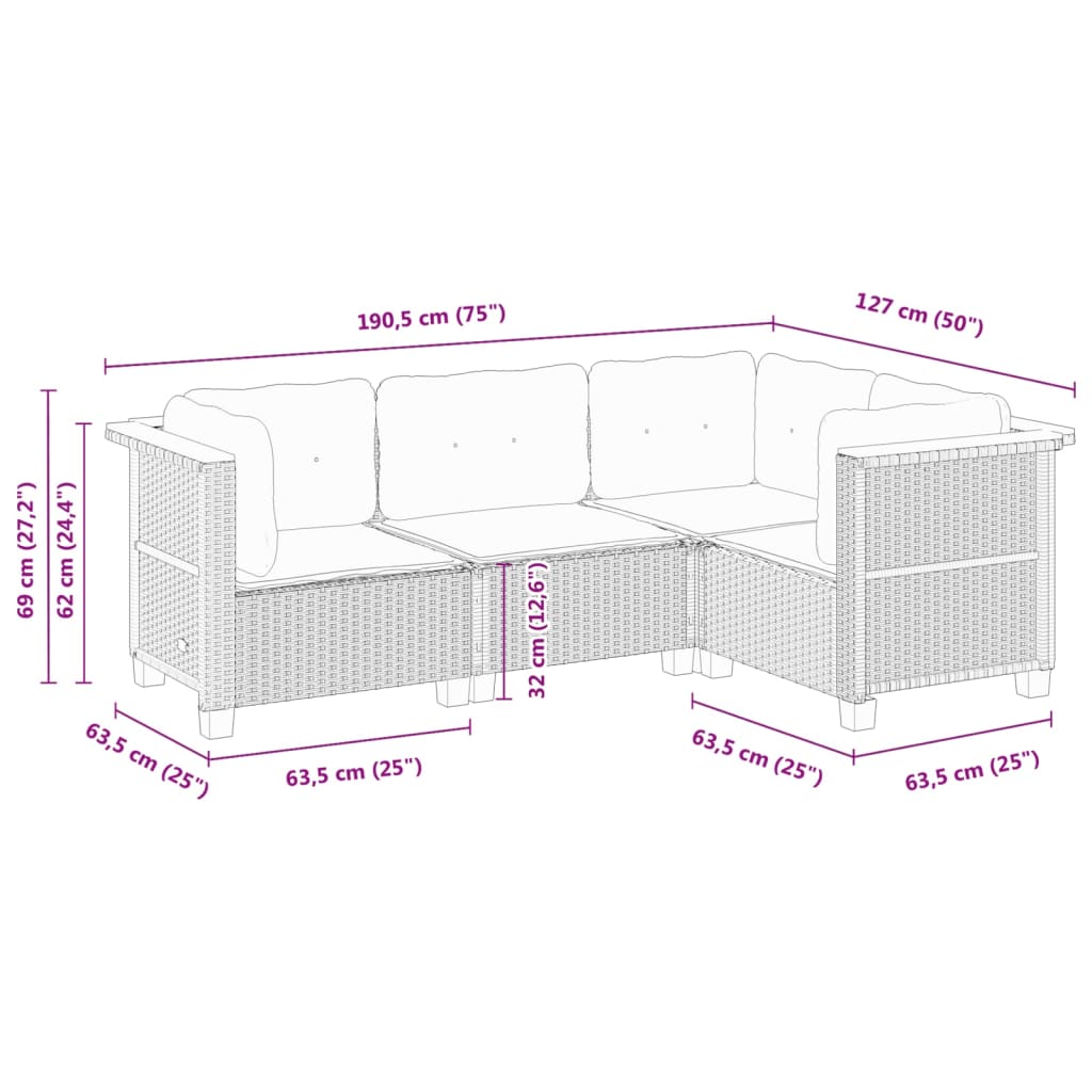 4-delige Loungeset met kussens poly rattan grijs