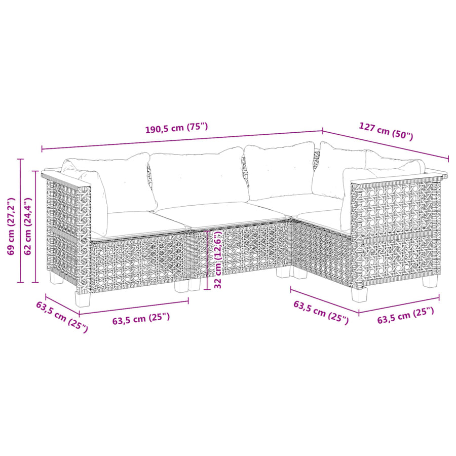 4-delige Loungeset met kussens poly rattan grijs