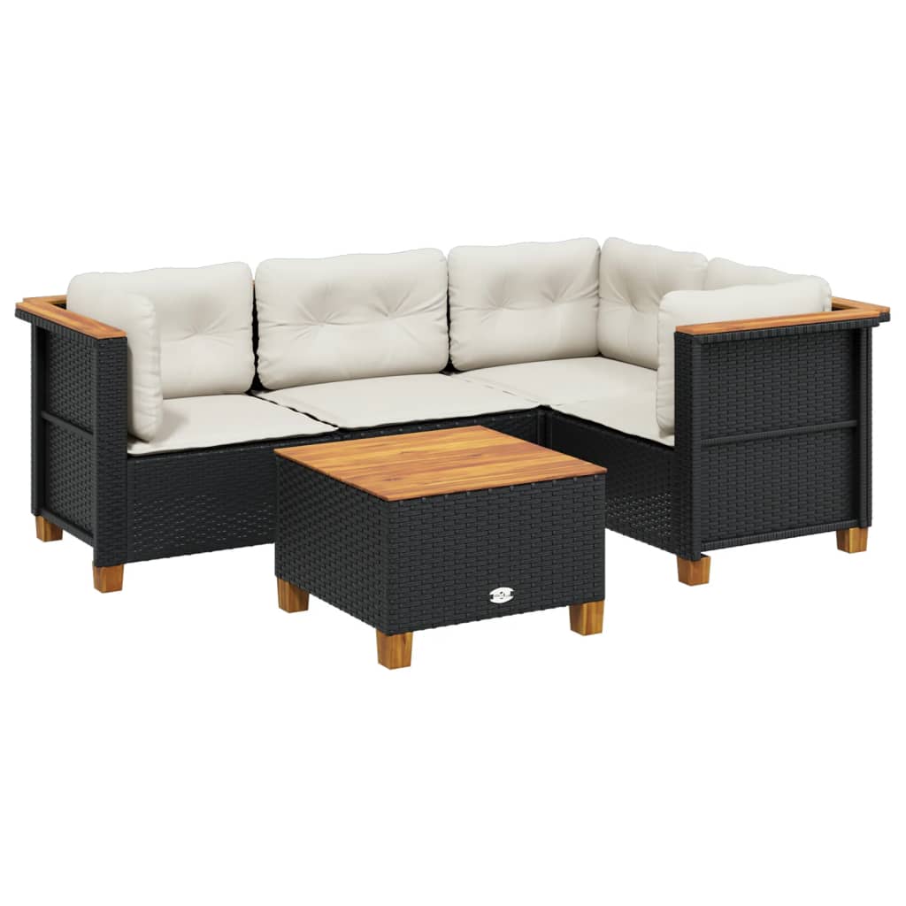 5-delige Loungeset met kussens poly rattan zwart