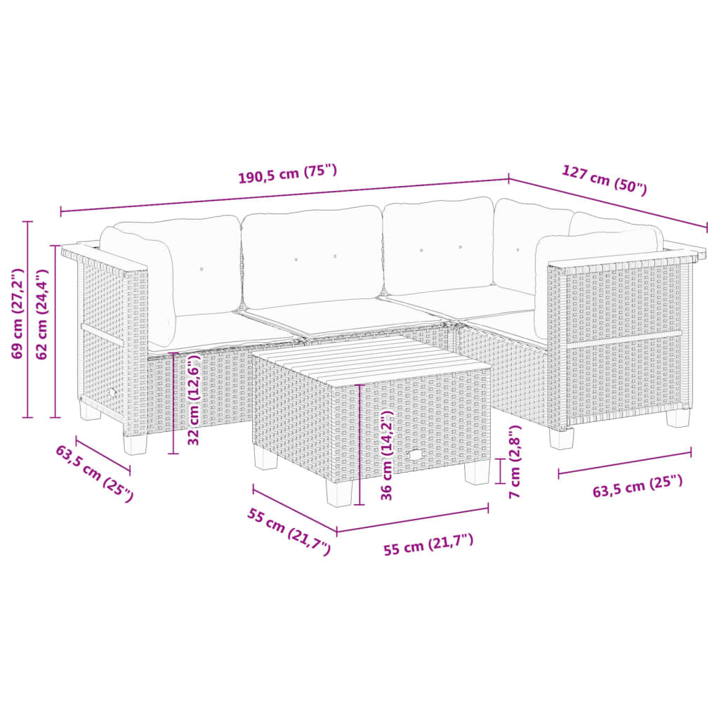 5-delige Loungeset met kussens poly rattan zwart
