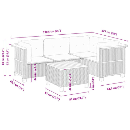 5-delige Loungeset met kussens poly rattan zwart