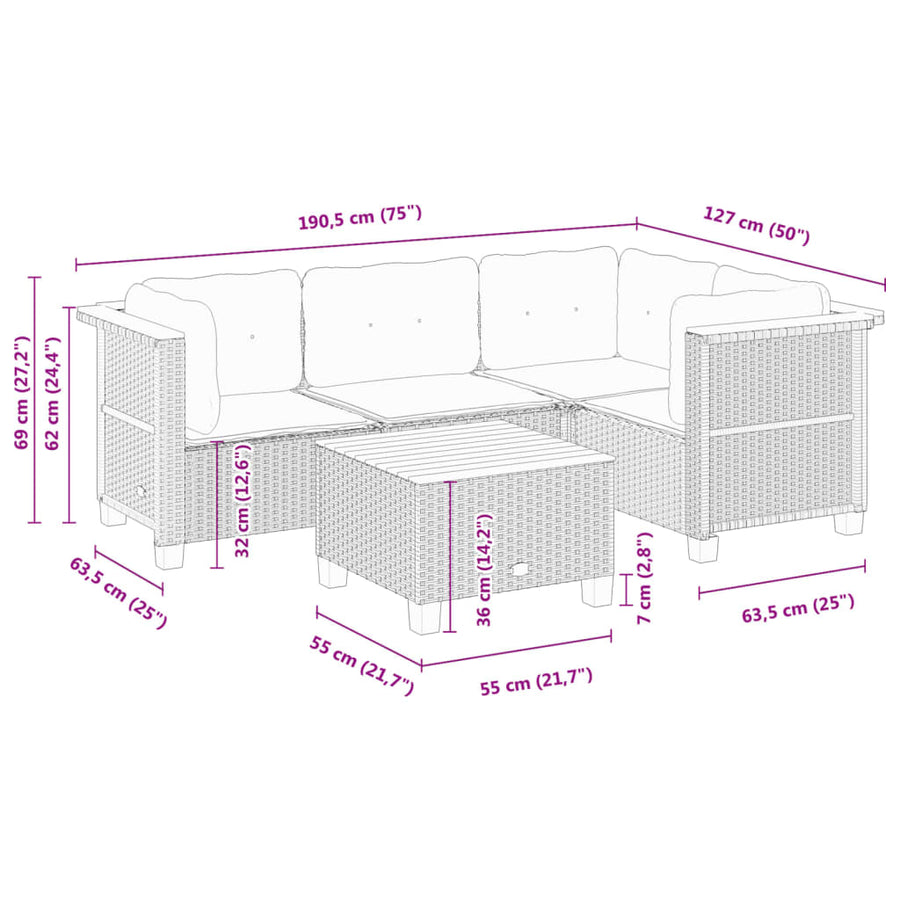 5-delige Loungeset met kussens poly rattan zwart