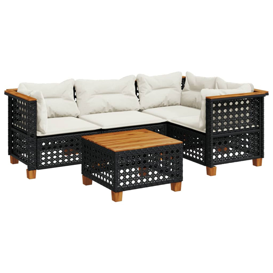 5-delige Loungeset met kussens poly rattan zwart