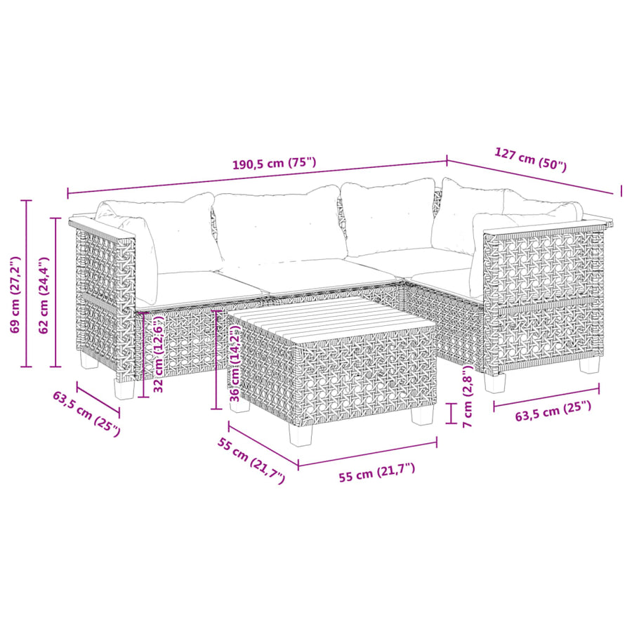 5-delige Loungeset met kussens poly rattan zwart