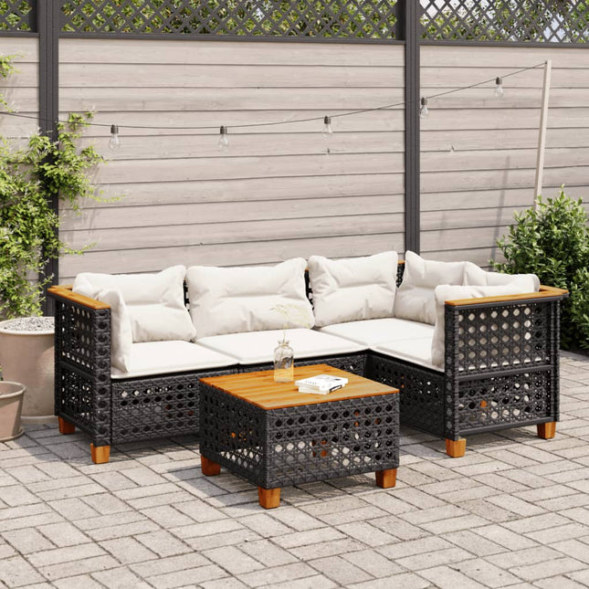 5-delige Loungeset met kussens poly rattan zwart