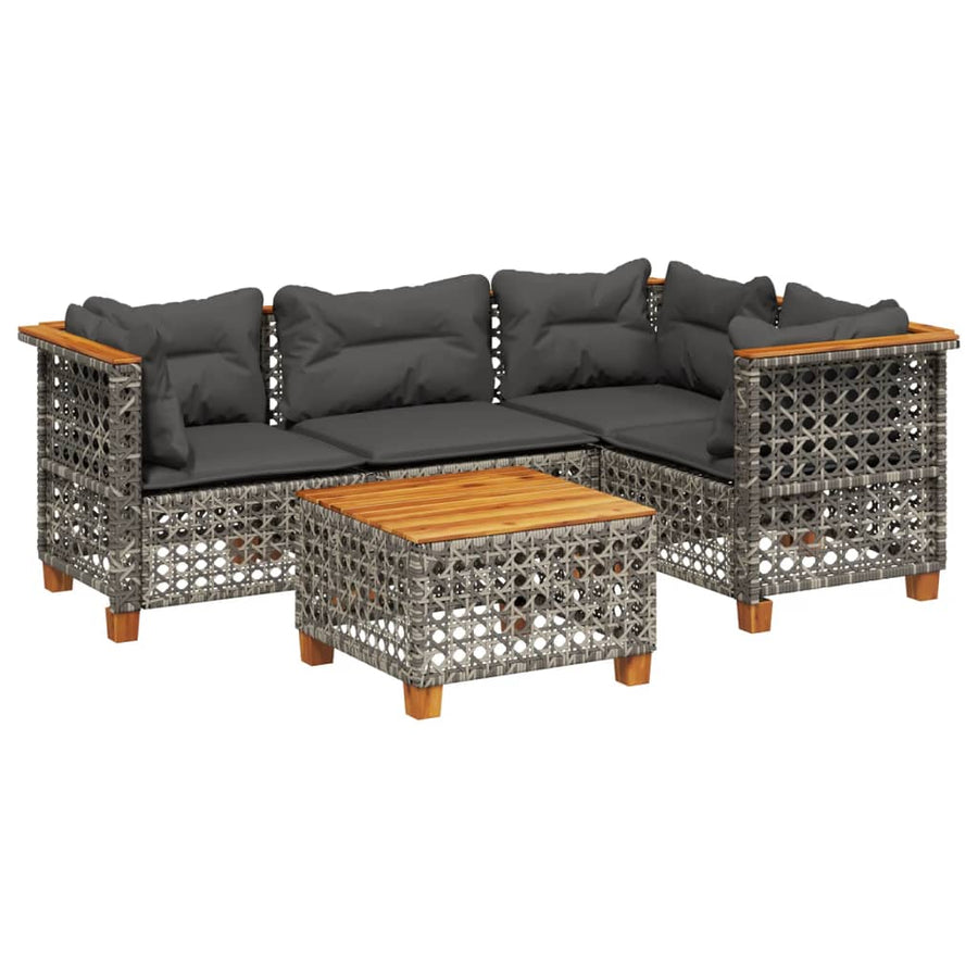 5-delige Loungeset met kussens poly rattan grijs