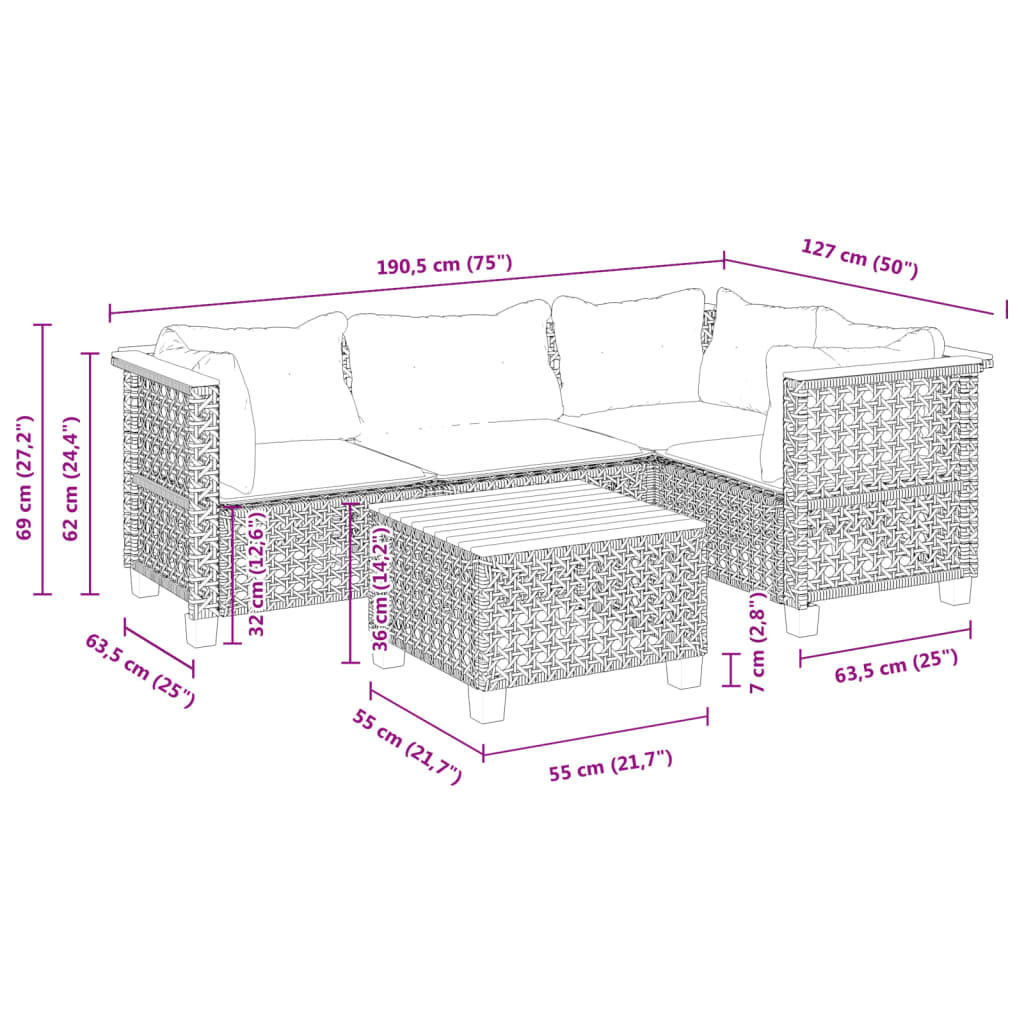 5-delige Loungeset met kussens poly rattan grijs